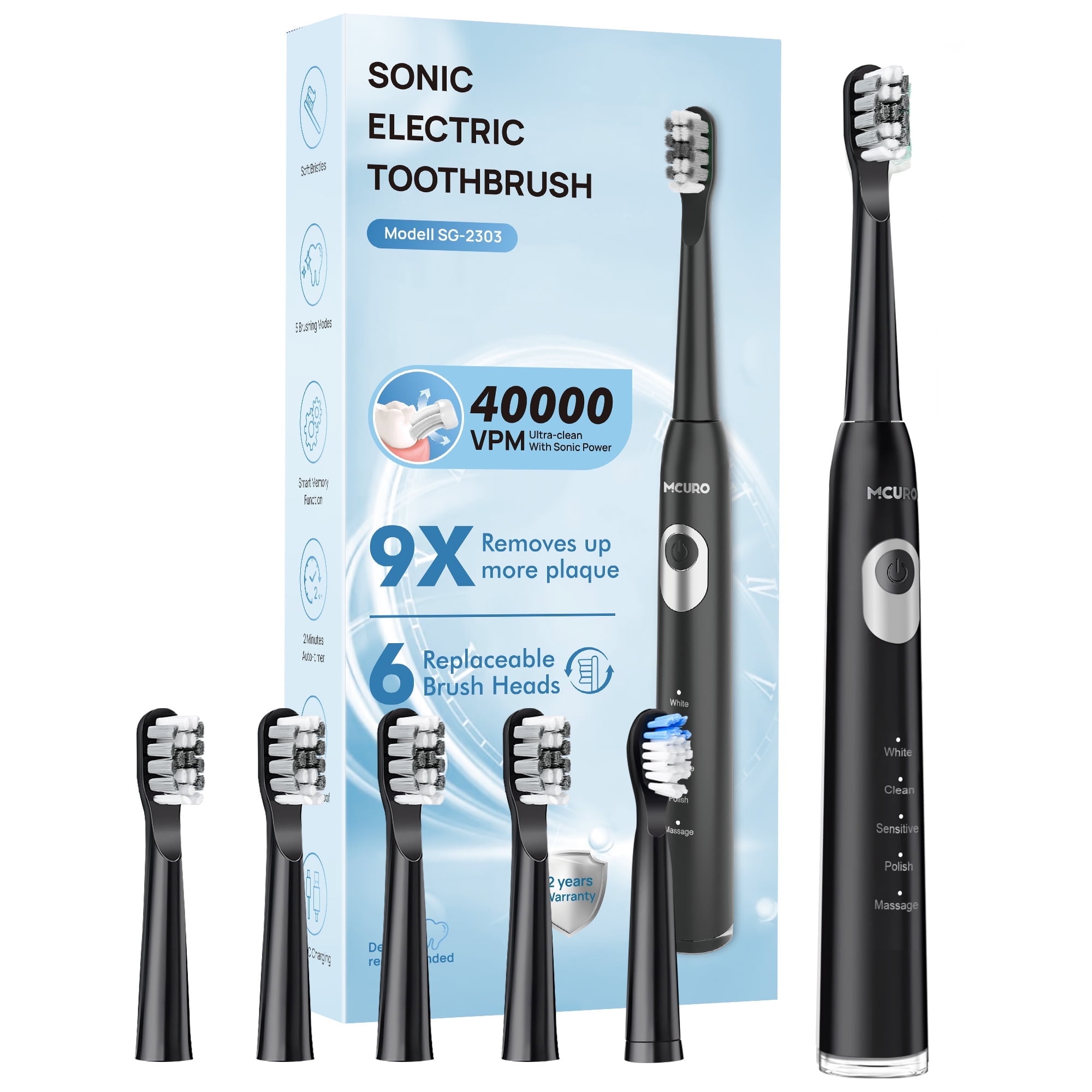 7MAGIC Electric Toothbrush, Sonic Electric Toothbrush for Adults, with 6 Brush Heads, 5 Modes, One Charge for 120 Days, Black