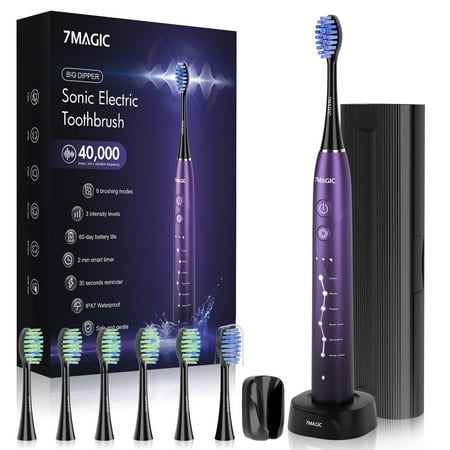 7MAGIC Sonic Electric Toothbrush, Adult Electric Toothbrush with 40000 VPM Deep Clean, 6 Modes, 3 Intensities, 6 Brush Heads & Travel Case, Smart Timer, Purple