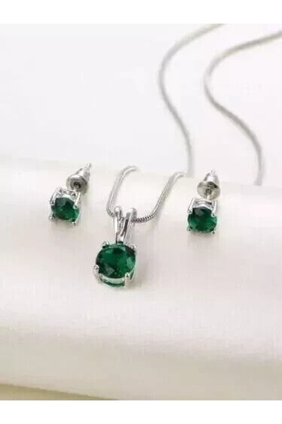 7MM 1.90Ct Round Cut Lab-Created Green Emerald Jewelry Set 14K White Gold Plated
