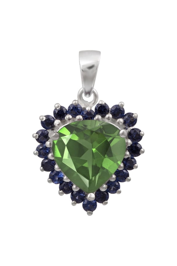 7MM Heart Peridot & Blue Cz 925 Sterling Silver Cluster Valentines Day Gifts Pendant