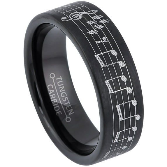 7MM Pipe Cut Black Tungsten Wedding Band with Musical Notes Engraving Text Taken from The Flower Duet Song - Tungsten Carbide Ring - 12
