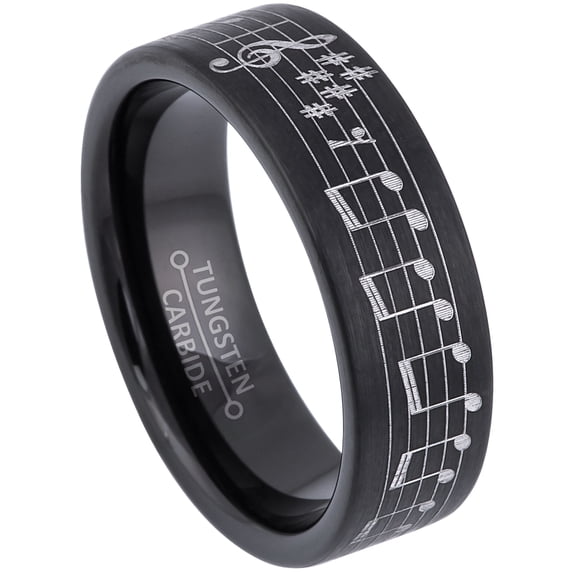 7MM Pipe Cut Black Tungsten Wedding Band with Musical Notes Engraving Text Taken from The Flower Duet Song - Tungsten Carbide Ring - 9