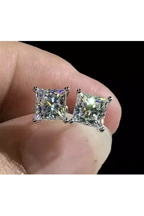 7MM Princess Cut Lab Created Diamond Push Back Stud Earrings 14k White Gold Plated