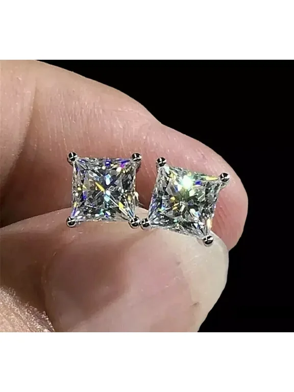 7MM Princess Cut Lab Created Diamond Push Back Stud Earrings 14k White Gold Plated