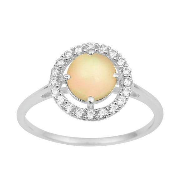 7MM Round Shape Opal Gemstone 925 Sterling Silver Solitaire Halo Women Engagement Ring