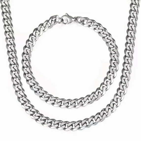 7MM Stainless Steel Curb Cuban Chain Necklace Bracelet Jewelry Set 18-30" Link