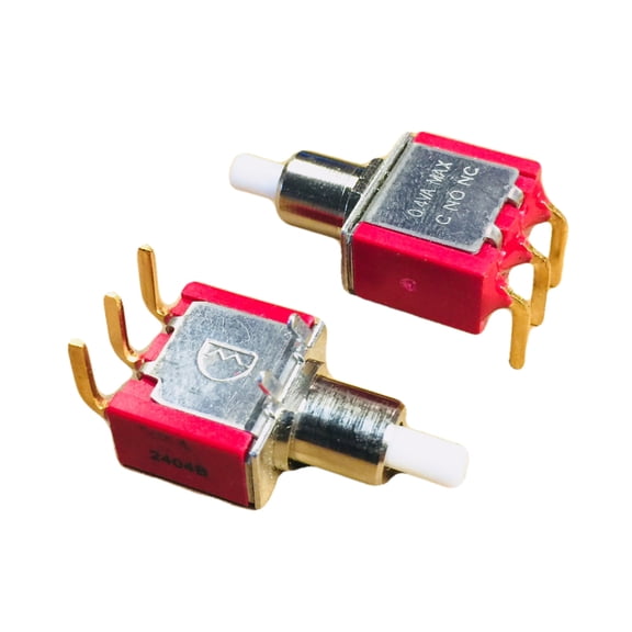 7MS7P1B20M6NR1E 8125 SPDT Push Button Switch On-Momentary 0.4VA Max C NO NC Right Angle, PC Thru-hole Gold Contact