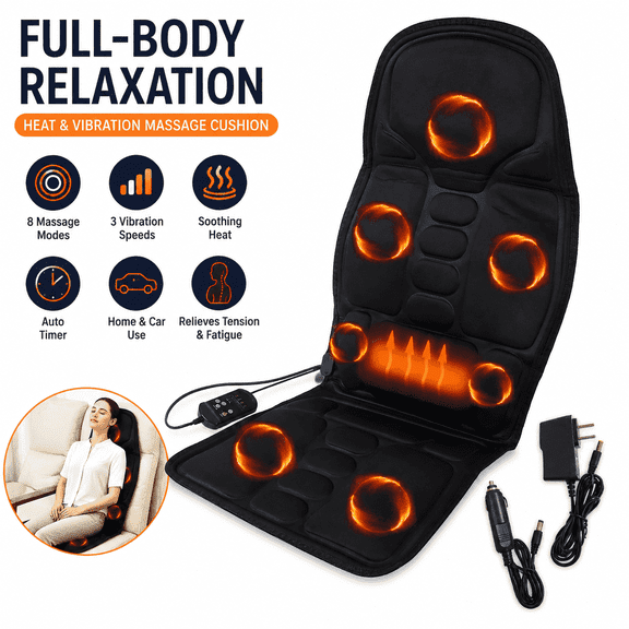 Leyeet Car Back Massager, Electric Chair Massage Pad with Heat and Vibration, Full Body Massager with 8 Modes & 3 Speeds & Timer, Relieve Fatigue Pressure, Massage Seat Cushion for Home Office, Gifts