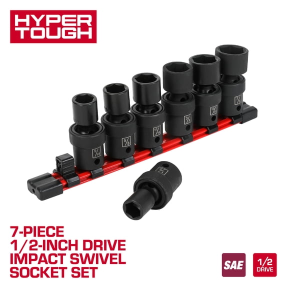 Hyper Tough 7-Piece 1/2" Swivel Impact Socket Set, SAE