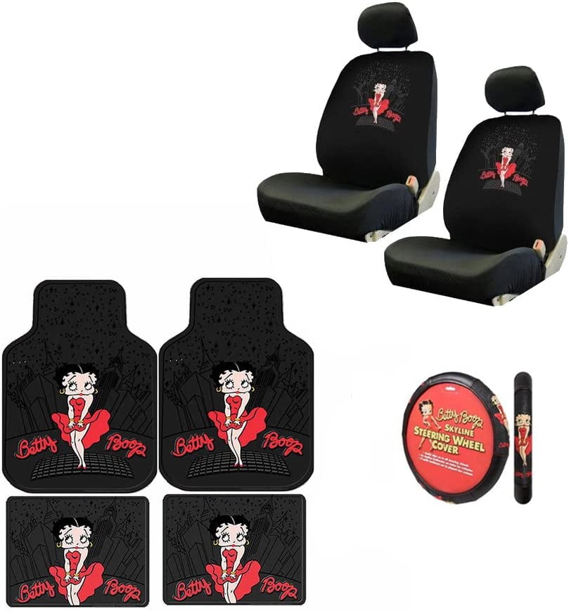 7PC Betty Boop Gift Set: 2 Lowback Seat Covers, 2 Front Floor Mats, 2 Rear Floor Mats, and 1 Steering Wheel Cover. - Betty Boop