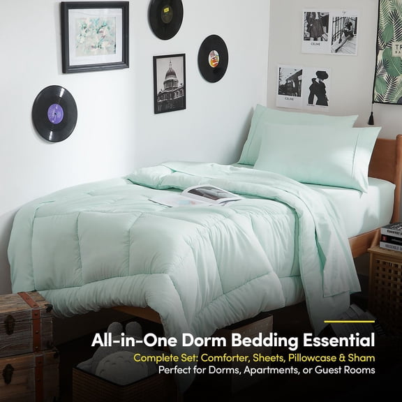 7PC Campus Ready Dorm Twin XL Bedding Bundle, Solid Comforter, Cotton & Down Bed Pillows and Sheet Set - Mint