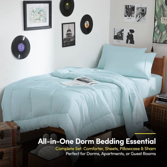 7PC Campus Ready Dorm Twin XL Bedding Bundle, Solid Comforter, Down Alternative Bed Pillows and Sheet Set - Aqua
