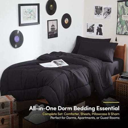 7PC Campus Ready Dorm Twin XL Bedding Bundle, Solid Comforter, Down Alternative Bed Pillows and Sheet Set - Black