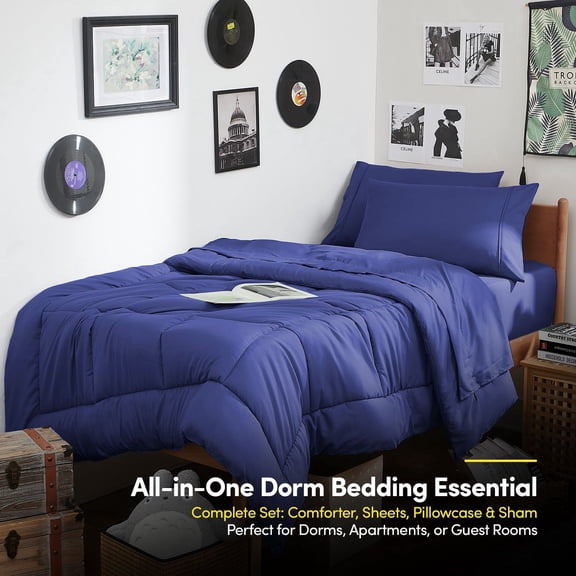 7PC Campus Ready Dorm Twin XL Bedding Bundle, Solid Comforter, Down Alternative Bed Pillows and Sheet Set - Royal Blue