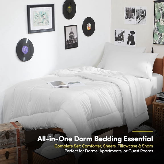 7PC Campus Ready Dorm Twin XL Bedding Bundle, Solid Comforter, Down Alternative Bed Pillows and Sheet Set - White
