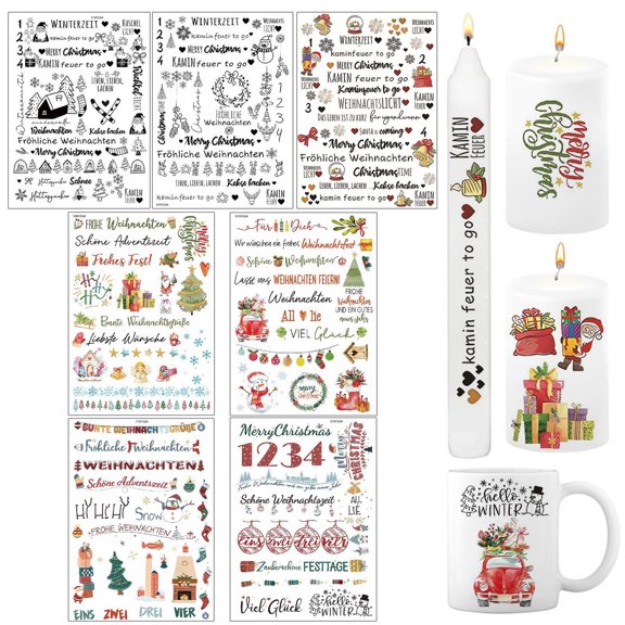 7PC Christmas Candle Sticker, Cute Christmas Snowman Reindeer Santa Claus Snowflake Candle Water Sticker Mini Portable Candle Decoration Sticker Window Decal Sticker Without Candle