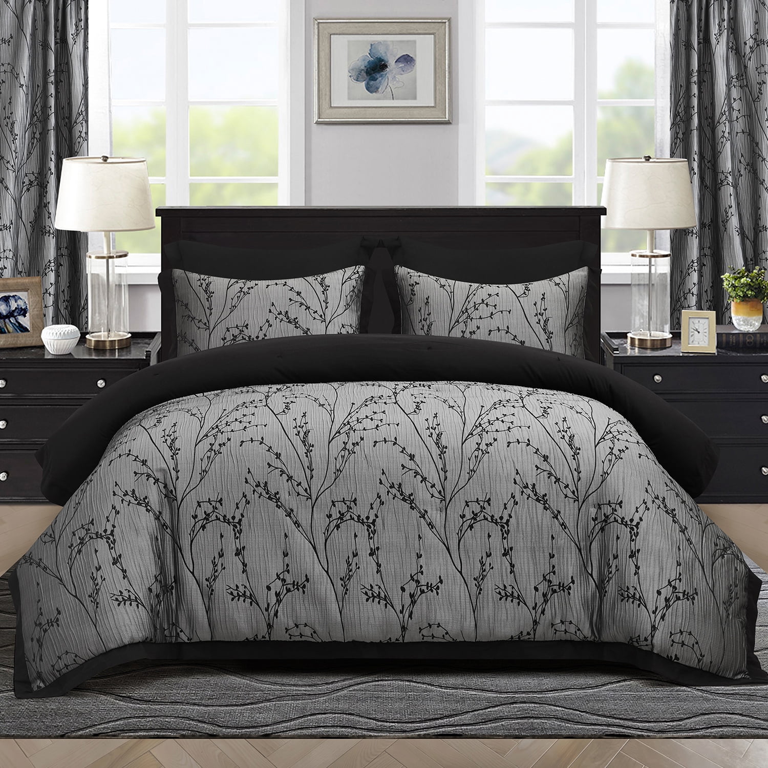 7PC Gray Jacquard Patchwork Comforter Set with Matching Curtains, Bed in a Bag,King