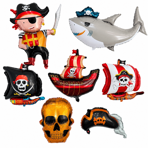 7PC Jumbo Pirate Balloon Set for Boys Birthday Party Decorations  Shark Ship Skull & Treasure Theme Foil Balloons for Kids