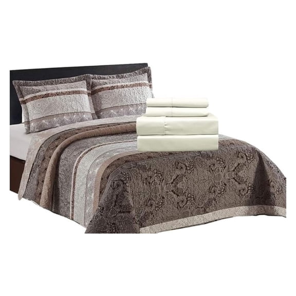 7PC King Size Bedding Set- Callisto Taupe Lightweight Quilt with Solid Microfiber Bed Sheets
