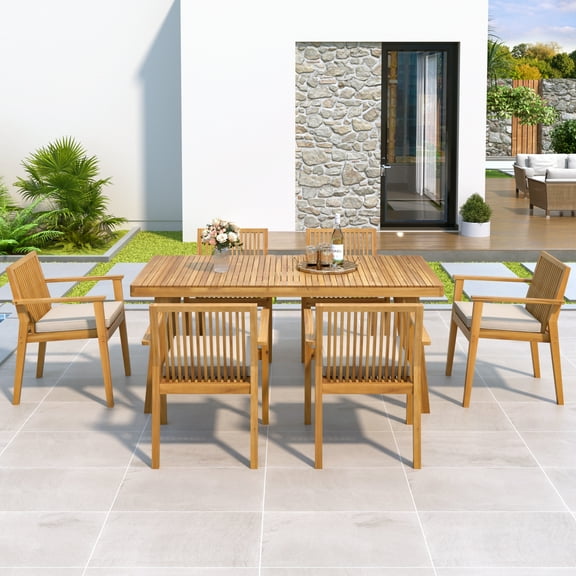 7PC Outdoor Dining Set with Premium Acacia Wood, Slatted Tabletop, Seats 6