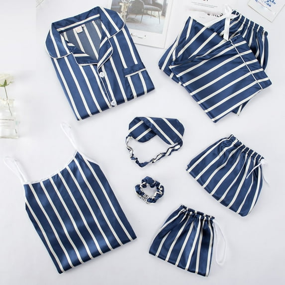 7PC Pajamas for Women Set Plus Size- Print Floral Stripe Loungewear Nightdress Classic Button Down Long Sleeve Tops Pants Sleepwear