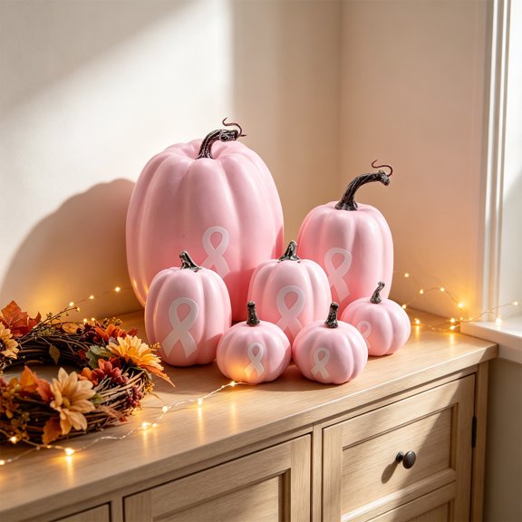 7PC Pink Artificial Ribbon Pumpkins, Realistic Fall Harvest Figurine Set for Halloween Scene Decoration, Home Table Display, Holiday Gathering and Thanksgiving Festival Layout
