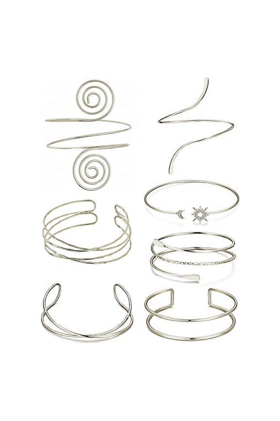 7PC Silver 7pcs Adjustable Silvertone Spiral & Cuff Arm Bracelet Set For Boho Casual Wear