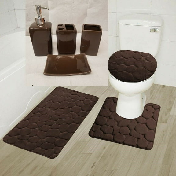 7PC Solid Non Slip Soft Bath/Rug/4PC Ceramic Accesories Set For Bathroom U-Shape Contour Rug, Mat and Toilet Lid Cover Memory Foam New Rock Brown Bath Home Décor