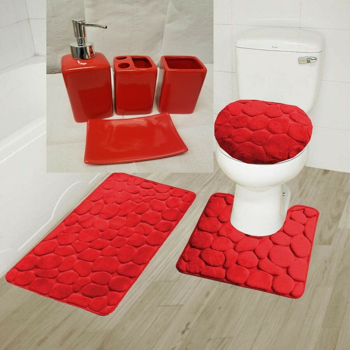 Complete 3 Piece Aqua Rock Memory Foam Bathroom Non Slip Kit Set Rug Mat  Lid Cover For Bathroom Vanity Dcor 4 Piece Ceramic Accessories Solid Color