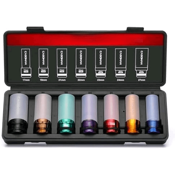 7PCS 1/2" Drive Deep Lug Nut Impact Socket Set, Non-marring & Thin Wall Wheel Protector, -Coded, 85mm Length, 6 Point, Metric, CR-MO$$Tools & Hardware Other