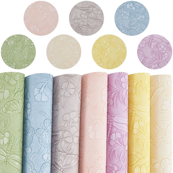 7PCS 13 x 7.8 Inch Dragonfly Flower Embossed PU Leather Sheet Butterfly Pattern Textured Vinyl Fabric Leather Roll