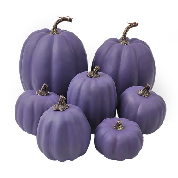 7PCS Artificial Pumpkins, Assorted Sizes Purple Faux Pumpkins Set, Fall Harvest Foam Pumpkins for Crafts, Halloween Decorations, Thanksgiving Table Centerpiece, Autumn Mantel & Home Décor