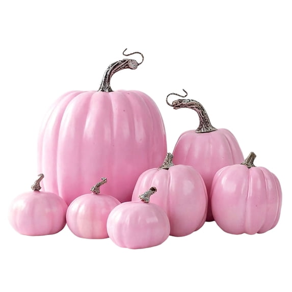 7PCS Artificial Pumpkins of all Styles Halloween Decoration Rural Style Farmhouse Foam Pumpkin Harvest Season Thanksgiving Day is Suitable for Table top House Dining Table Party Decoration (Pink)