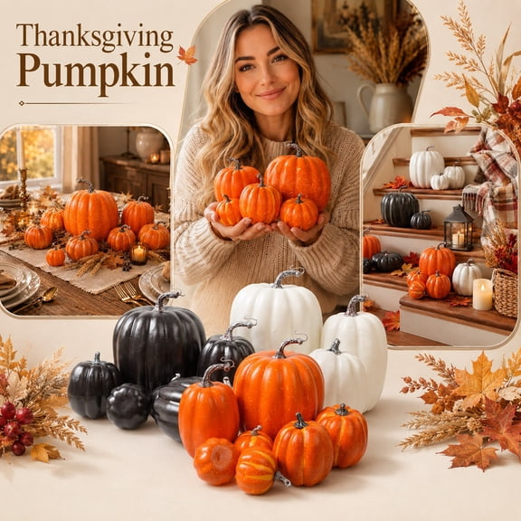 7PCS Assorted Artificial Pumpkin Decorations, Halloween Faux Rustic Decorative Foam Pumpkins for Fall Halloween Thanksgiving Tabletop Centerpiece Mantel Kitchen Decor
