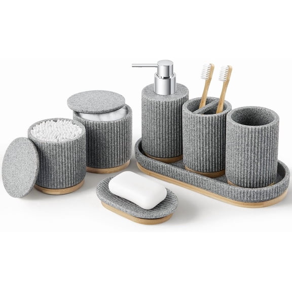7PCS Bathroom Accessories Set, with Soap Dispenser, Q-tip Holder, Toothbrush Holder, Tumbler, Soap Dish, Vanity Tray, Complete Bathroom Accessory Set Organizer Countertop for Modern Home Decor, Grey
