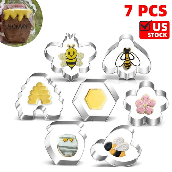 7PCS Bee Cookie Cutters Set - 3 Inches - Beehive, Flower, Honeycomb and Honey Jar Stainless Steel Biscuit Molds for Honey Bee Party Decoration Favor