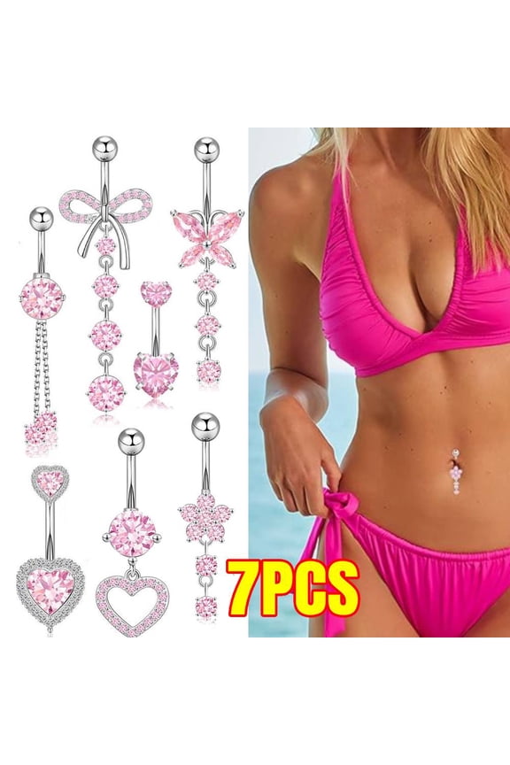 7PCS Belly Button Ring Surgical Stainless Steel Belly Button Rings for Women Pink Piercing Jewelry Dangling Belly Ring Pack