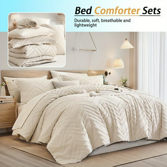 7PCS Bohemian Summer Bedding Set Queen - Tufted Plush Cut Flower Comforter Set, 100% Soft Durable Microfiber, 4 Pillowcases+1 Flat+1 Fitted Sheet, All-Season for Better Sleep