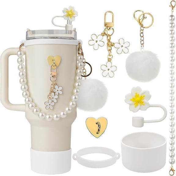 7PCS Bottle Accessories Set for Stanley Cup 40oz & 30oz Tumbler Decorations Bottle Handle Strap Stanley Cup Boot Straw Cover Charms(White)