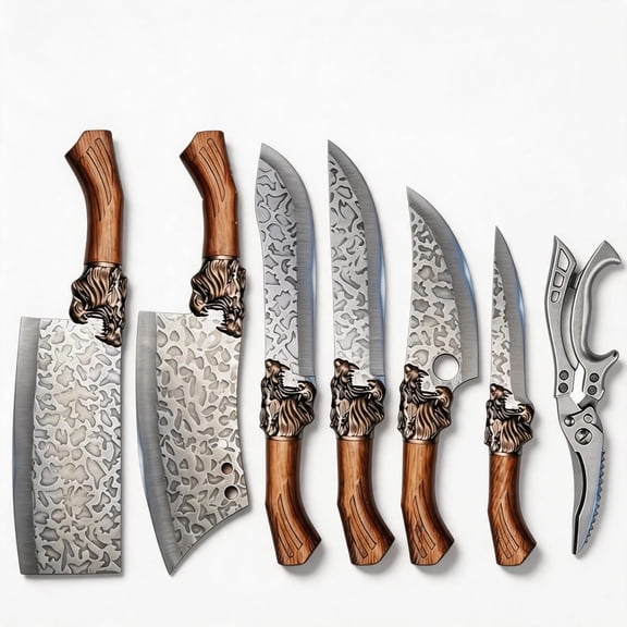 7PCS Butcher Knife Set for Home Kitchen, High Carbon Steel Hand Forged Chef Knives for Butchering, Meat Processing and Cutting, BBQ Cleaver & Bone Chopper, Fillet, Hammered Blade