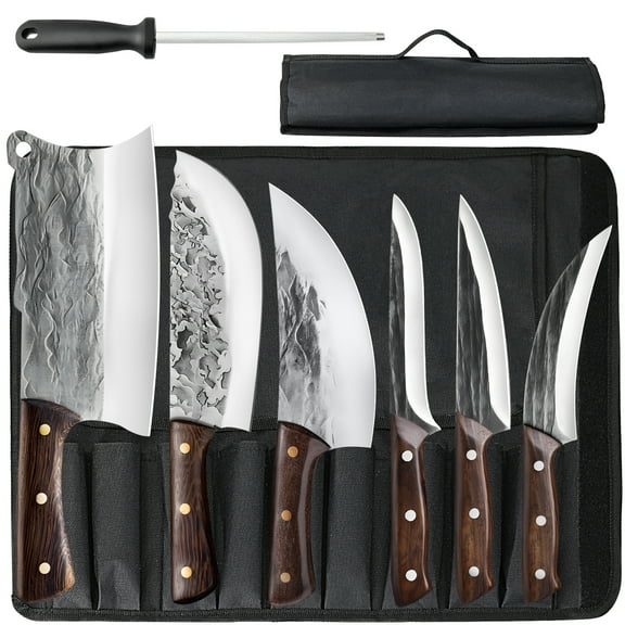 7PCS Butcher Knife Set,Kepeak Hand Forged Meat Cleaver Knife,Meat Cutting Kitchen Knife Set for Home, Outdoor Cooking, Camping BBQ