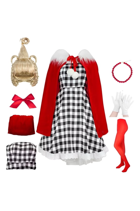 7PCS Cindy Costume Kids Girls Christmas Costume Cindy Dress Cape Wig Christmas Elf Outfit Accessories