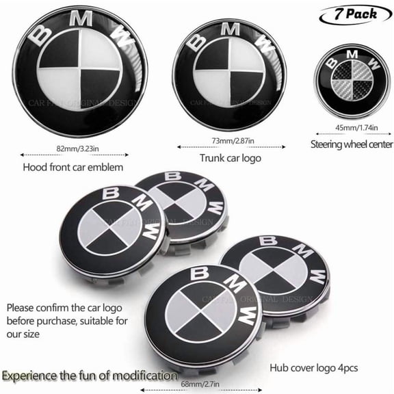 7PCS Compatible for BMW Emblem Set 82mm Hood/74mm Trunk Emblem 68mm Center Caps 45mm Steering Wheel for 3 4 5 6 8 Series 325i 328i E30 E36 E46 E34 E39 E60 E65 E38 Badge Logo