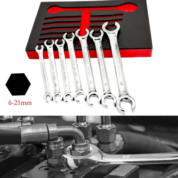 7PCS Double-End Metric Flare Nut Wrench Set 6-21mm, Chrome Vanadium Steel Open End Spanner,For Fuel Brake AC Line Fittings Repair