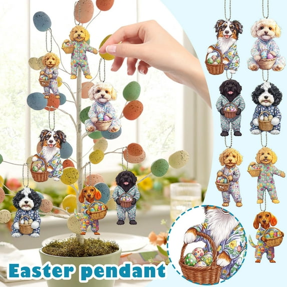 7PCS Easter Decorations 2D Acrylic Dog Hanging Ornament 3.15 Inch for Car Mirror Home Display, Easter Decor Gift for Kids Basket Party