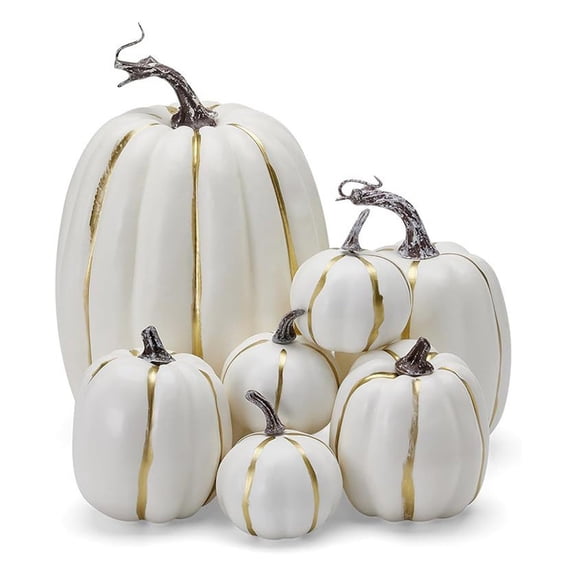 7PCS Fake Pumpkins, Assorted Size Faux Pumpkins Fall Artificial Pumpkins for Decoration, Halloween Thanksgiving Autumn Harvest DIY Foam Pumpkin Indoor Home Tabletop Mantel Fireplace Decor