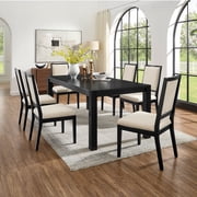 7PCS Farmhouse Dining Table Set for 6, Extendable Rectangular Table with 6 Uphlostered Chairs, Wood Tapered Legs Soft Fabric Seats for Kitchen, Black