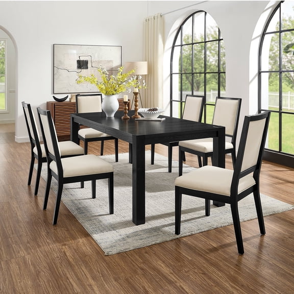 7PCS Farmhouse Dining Table Set for 6, Extendable Rectangular Table with 6 Uphlostered Chairs, Wood Tapered Legs Soft Fabric Seats for Kitchen, Black