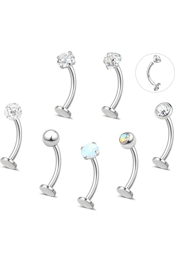 7PCS Floating Belly Button Ring for Women Hypoallergenic Surgical Stainless Steel Belly Rings Internally Threaded CZ Opal Long Bar Navel Barbell Flat Back Belly Piercing 12/14MM Silver Gold