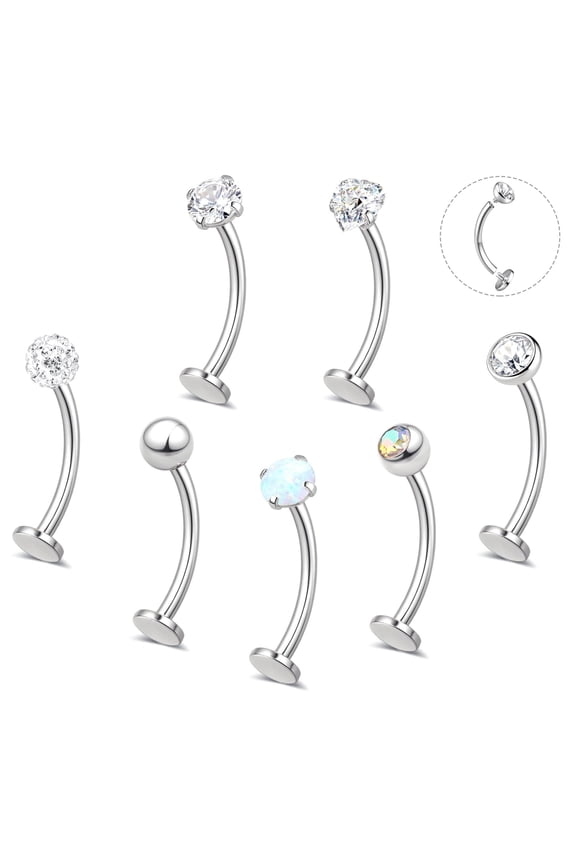 7PCS Floating Belly Button Ring for Women Hypoallergenic Surgical Stainless Steel Belly Rings Internally Threaded CZ Opal Long Bar Navel Barbell Flat Back Belly Piercing 12/14MM Silver Gold